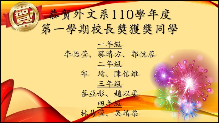 恭賀外文系110學年度第一學期校長獎獲獎同學