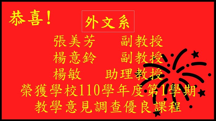 外文系老師榮獲110學年度第一學期教學意見調查優良課程