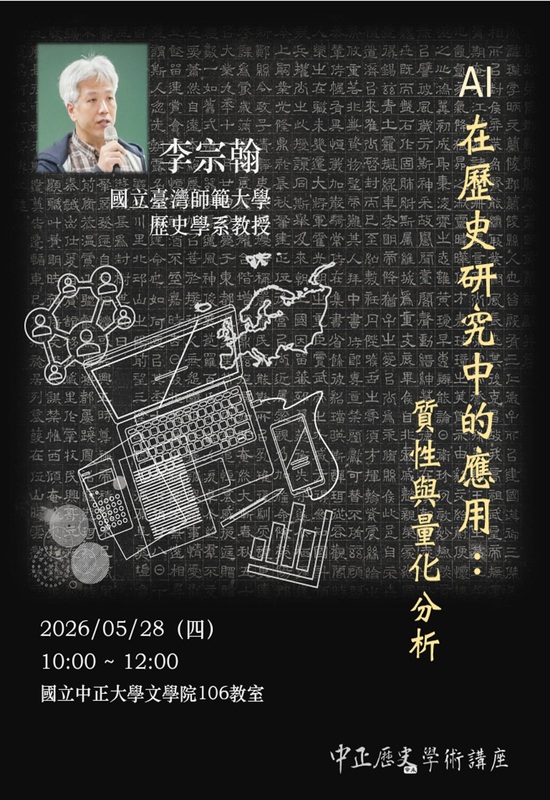 115年5月28日(四)歷史學系講座【AI在歷史研究中的應用:質性與量化分析】